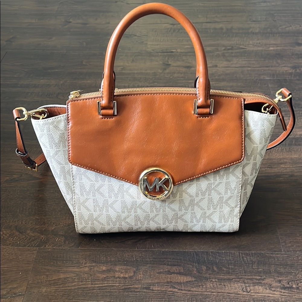 Michael Kors Tan and Cream Satchel with Signature Design